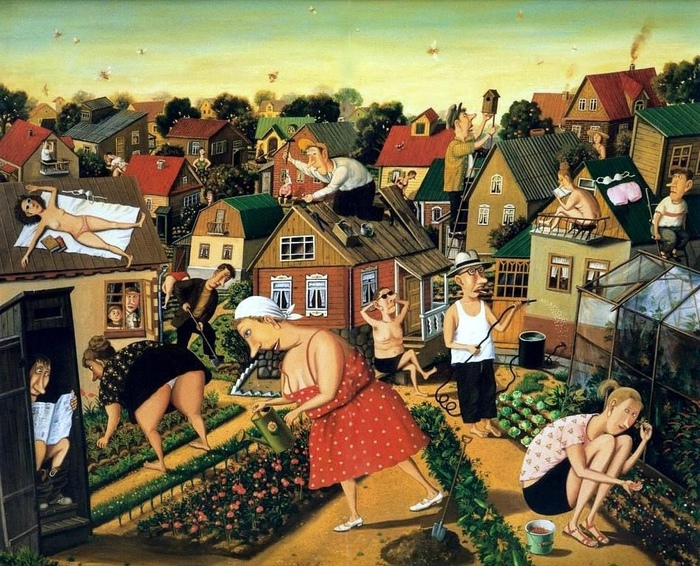 Картина В. Губарева «Дача» (Альфонс, вероятно, в центре композиции, в черных трусах, отдаленно похожий на подуставшего Лепса)