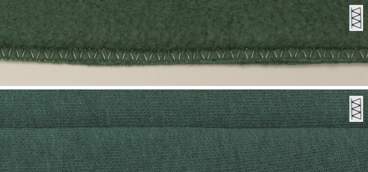 The photo shows an example of an overlock stitch created on sweatshirt fabric. By adjusting the stitch parameters, the stitch looks aesthetically pleasing and lays down smoothly.
