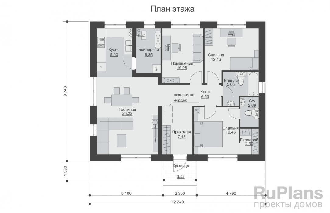 Прихожая - 7,15 м2Спальня - 10,43 м2Гардероб - 2,30 м2С/у - 2,69 м2Ванная - 5,03 м2Спальня - 12,16 м2Холл - 6,53 м2Помещение - 10,98 м2Бойлерная - 5,35 м2Кухня - 8,50 м2Гостиная - 23,22 м2