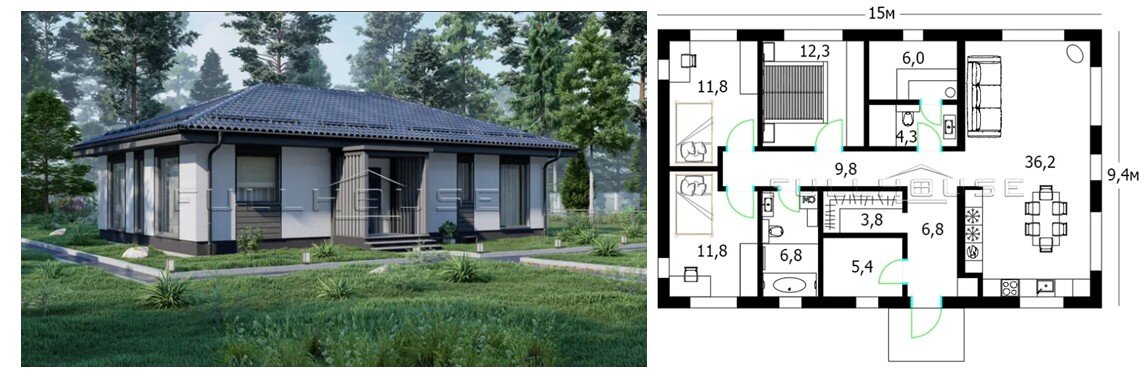 Фасад и план дома по проекту DOMASK