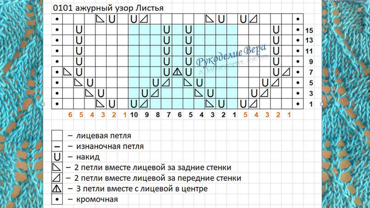 Схема ажурного узора Листья спицами. Рукоделие Вера