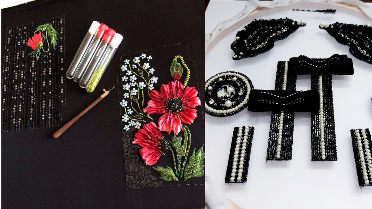 Примеры вышивки люневильским крючком на шёлковой органзе