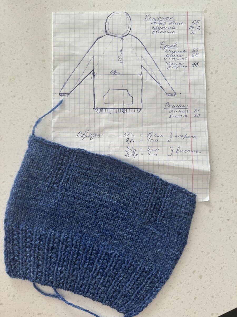 Схема с мерками и образец для расчета плотности вязания.