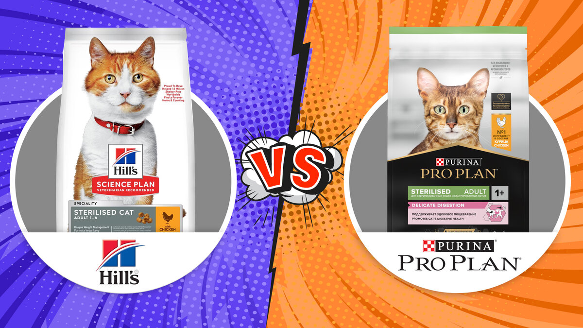 Сравнение составов кормов для кошек: Hills против Pro Plan