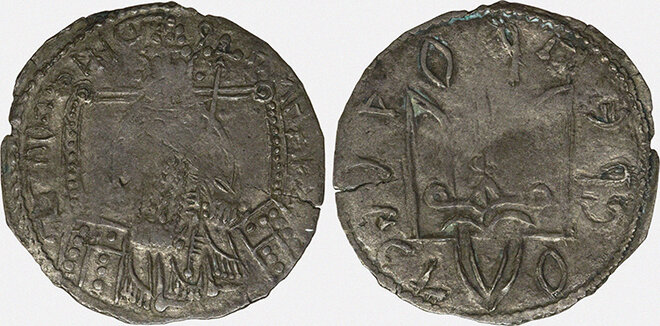 Сребреник Владимира Святославича. Конец X — начало XI века. На лицевой стороне князь Владимир, на оборотной — трезубец. © Heritage Images / Hulton Archive / Getty Images 