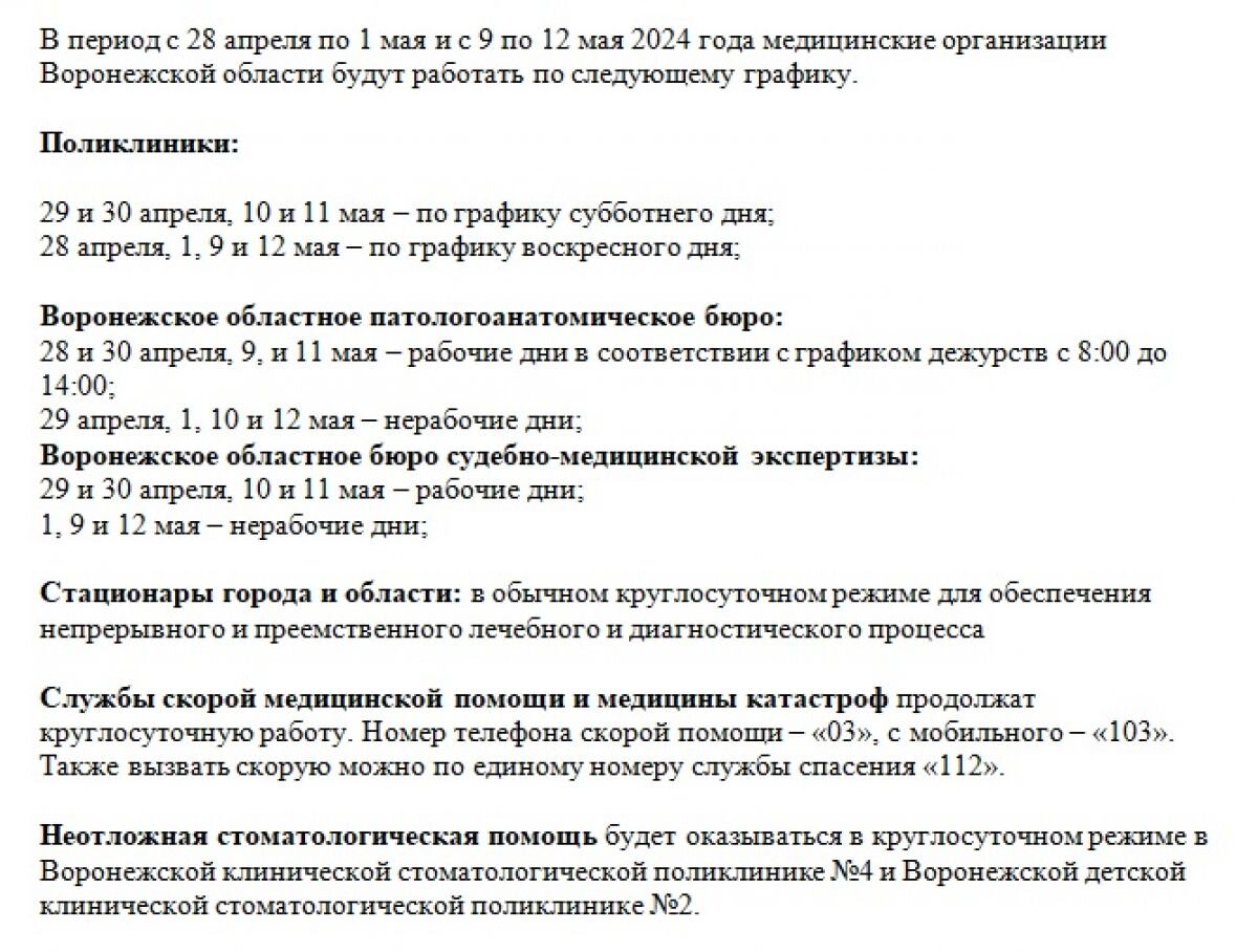 Стало известно, как будут работать медучреждения Воронежской области на  майских праздниках | «Воронежские новости» | Дзен