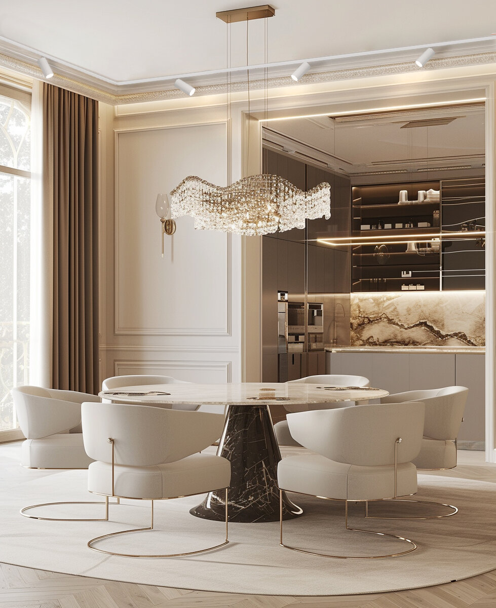 Система освещения на кухне состоит из классической люстры и технологичного "трека"