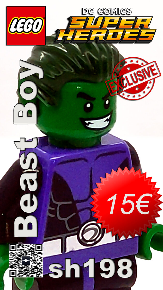 Beast Boy sh198 The minifigure is exclusive to the LEGO Jokerland set.
The LEGO DC Comics Super Heroes Beast Boy minifig was first introduced in 2015 in the set 76035 Jokerland and is currently estimated to be valued around 15 € and an annual growth of about 8.4%.