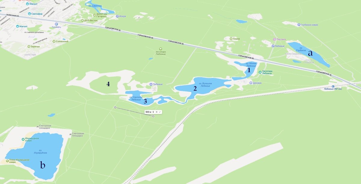 Водные угодья  (площадь - 122.2 га) на территории ООПТ Городской парк "Лебяжье". a - озеро Глубокое, b - озеро Изумрудное, 1-4 - система озер (1 - Малое Лебяжье, 2 - Большое Лебяжье, 3 - Светлое Лебяжье, 4 - Сухое Лебяжье).