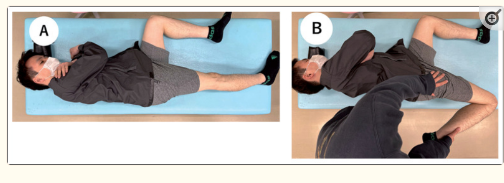 Установка для измерения диапазона движения коленного сустава. Участники лежат на боку с контралатеральными тазобедренными и коленными суставами, согнутыми под углом 90° (А). Исследователь довел доминантную ногу до полного сгибания колена с тазобедренным суставом в нейтральном положении (В).