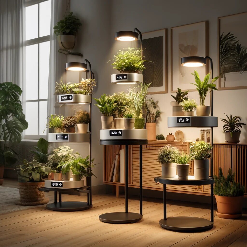 Умные подставки для растений с системами автоматического освещения.