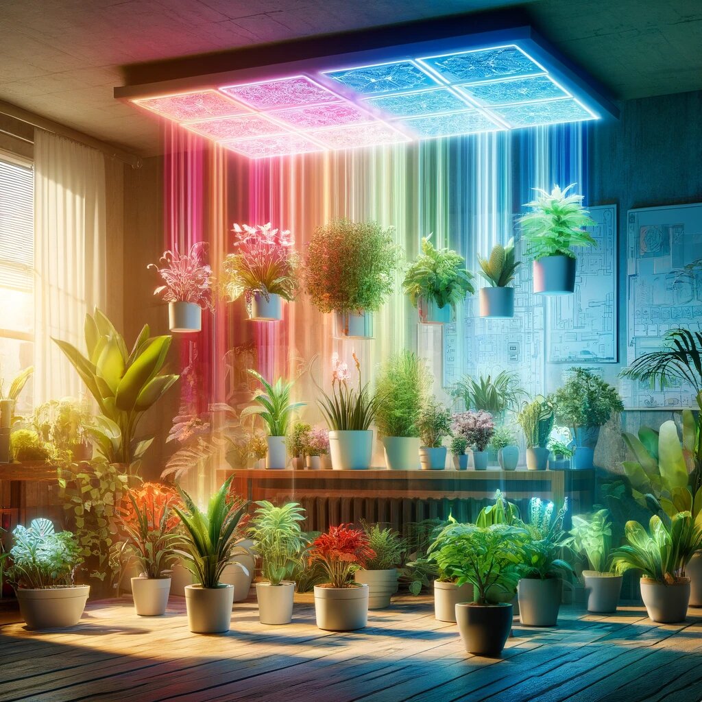 Комната с различными комнатными растениями, которые процветают с помощью умных подставок с автоматическими системами освещения. 