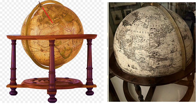 Слева - Глобус 17-го века с существующим наклоном земной оси к орбитальной плоскости. Красная линия показывает направление на Северный полюс по меридиану Петербурга. Справа - глобус Блау 1640-го года с небольшим наклоном верхнего полюса, что пока игнорируется наукой.