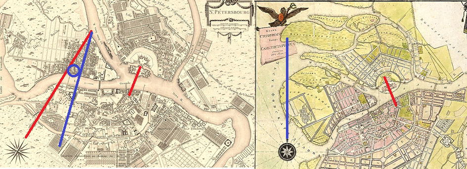 Слева - план Санкт-Петербурга гравировки Тардье 1753-го года с направлением на верхний полюс, справа - Карта Петербурга 1792 года уже с нынешним направлением, оставшимся в виде одного нижнего полюса. С учётом разницы в ориентации планов города, определяемой по расположению Петропавловской крепости, как раз и получается угол в 16 градусов между полюсами, обозначенный синим овалом. Выходит, в период между 1753-м и 1792-м годом и произошло полное оседание верхнего геомассива Петрополиса, ставшего Петербургом.