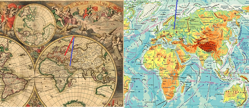 Слева - карта мира 1689-го года Гарарда ван Схагена с направлением ещё на верхний полюс, показанный красной линией. Справа - современная карта с направлением на нынешний нижний полюс, обозначенным синим цветом.