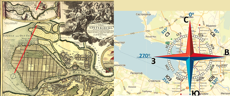 Слева - карта Петербурга 1716-го года с направлением ещё на верхний полюс, справа - нынешняя карта.