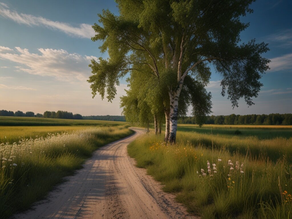 Береза в поле от нейросети "Леонардо".