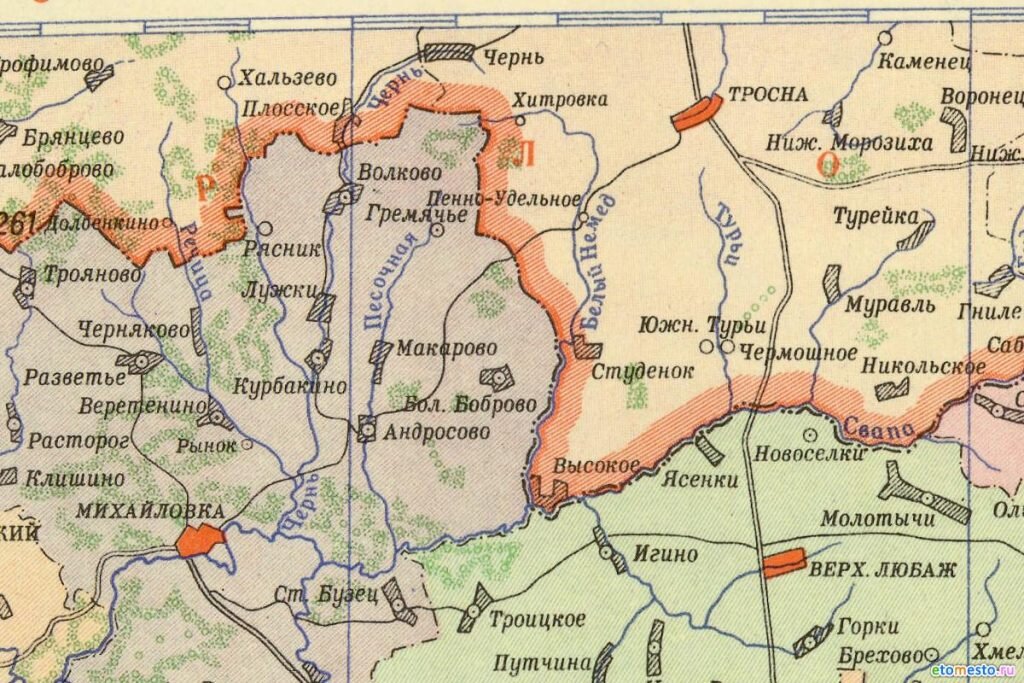 Село Больше-Боброво на карте Курской области 1957 г.