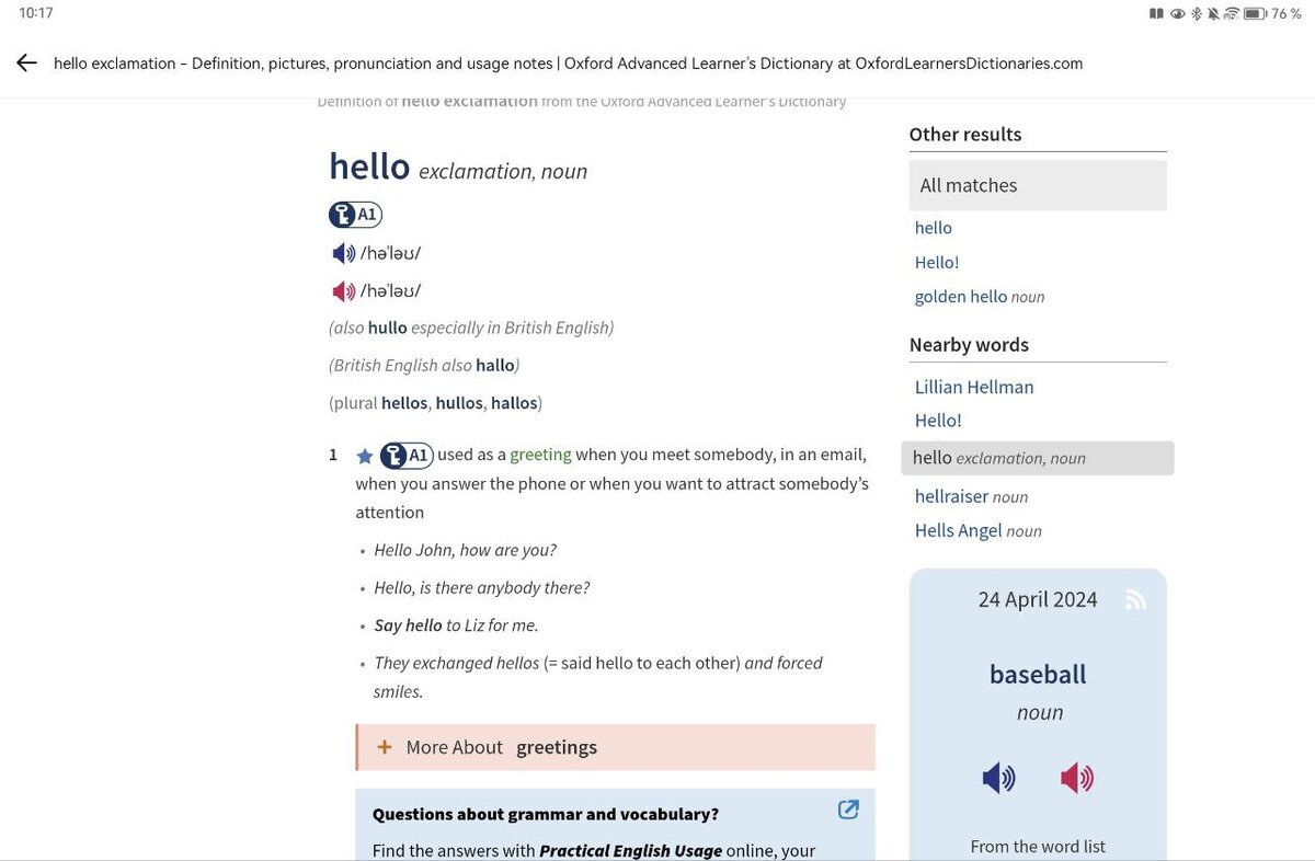 Работа Oxford Learner's Dictionary на примере слова "hello"