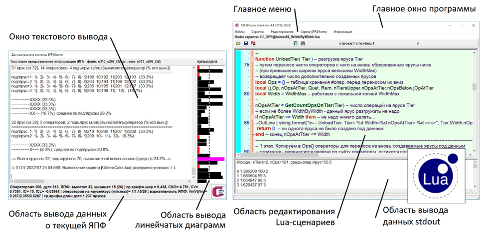 Рисунок 21. Внешний вид главного окна приложения (справа) и  окна текстового вывода информации (слева) программного инструмента SPF