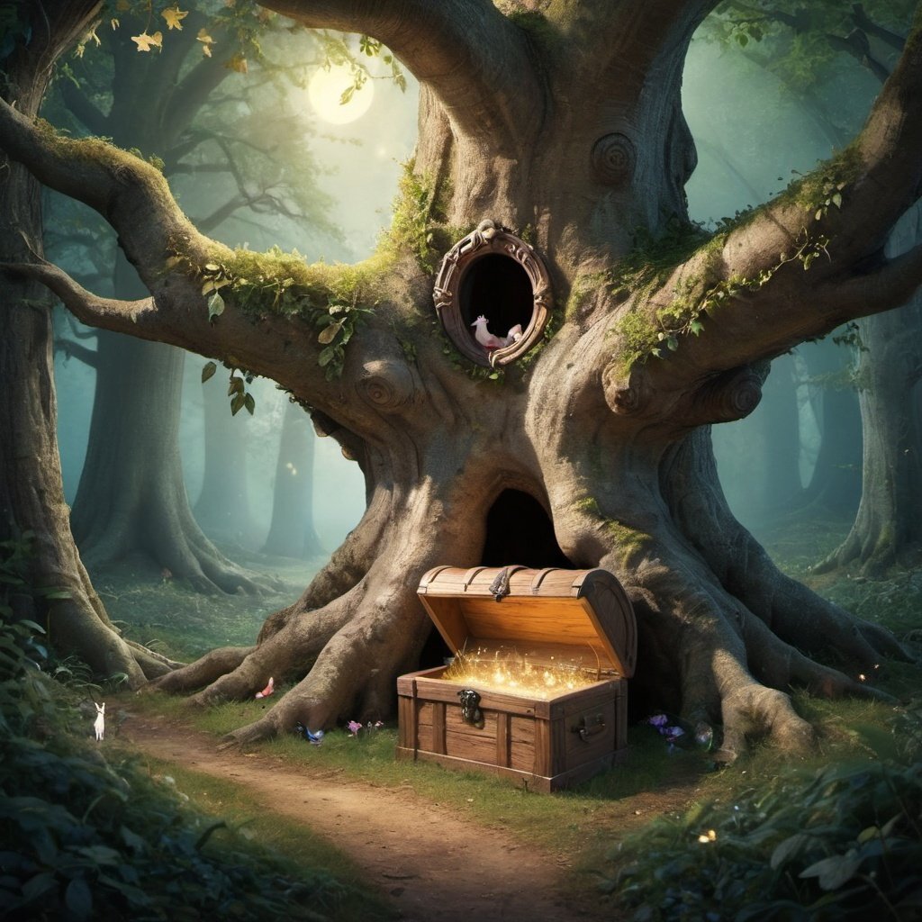 "The Wishful Trunk: A Tale of Sincere Wishes"  Once upon a time, in a magical forest filled with enchanting creatures of all kinds, there stood a mysterious chest known as the Wishful Trunk. Legends whispered that this trunk had the power to grant any wish, but only to those who wished with pure sincerity. 
In this wondrous forest, where fairies danced in the moonlight and unicorns roamed freely, a group of friends found themselves lost in the depths of the woods. As they wandered, weary and unsure of their path, they stumbled upon the Wishful Trunk, hidden beneath the boughs of an ancient oak tree.