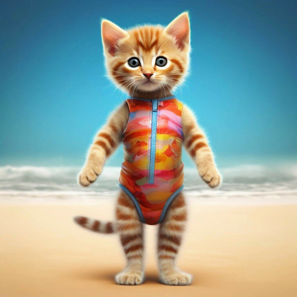 Нейрокотенок, одетый нейросетью в нейрокупальник.