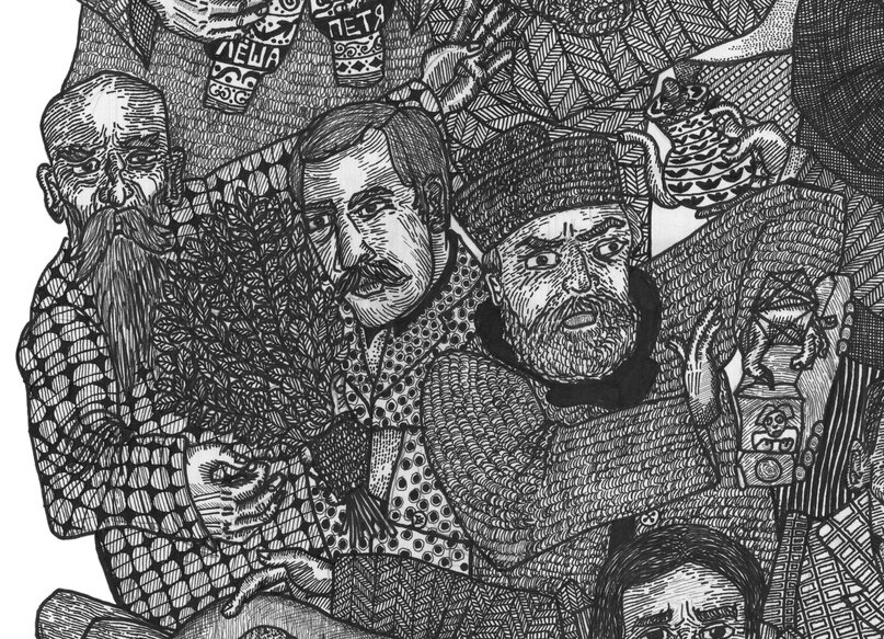 Кустодиев в середине слева, с веником, в перчатке банника, собрался как следует пропарить красавицу.