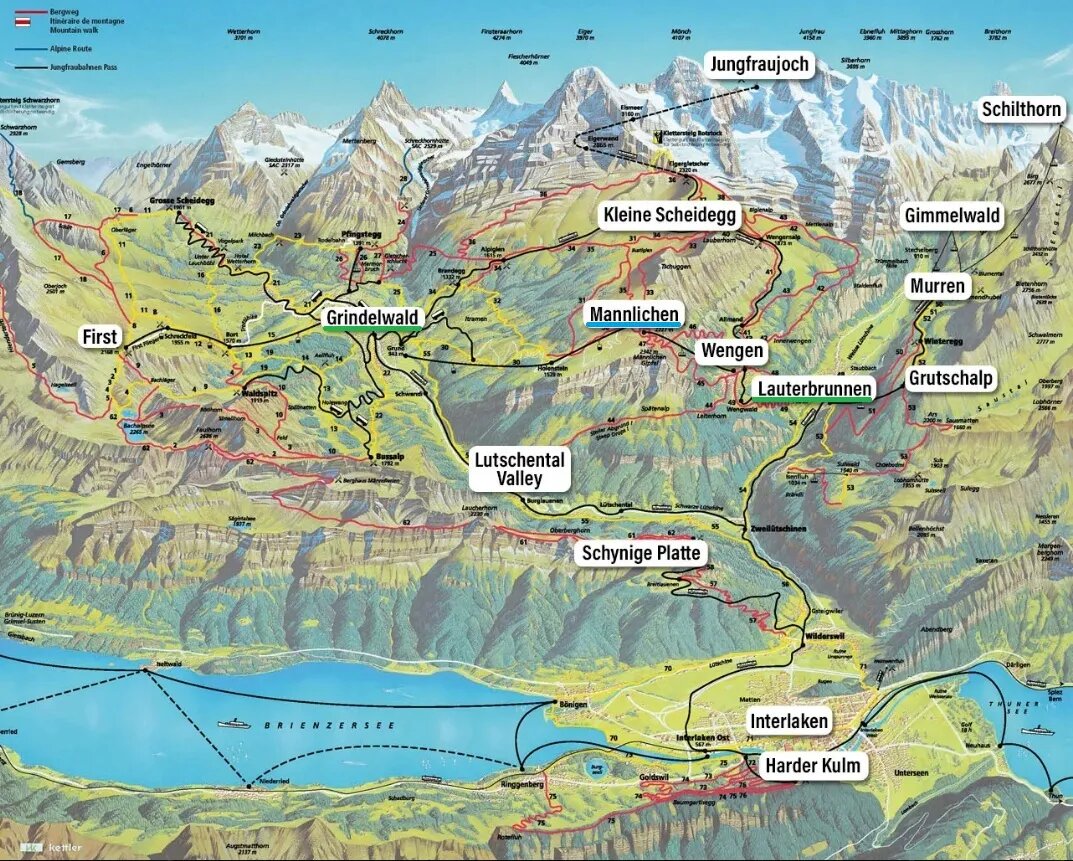 Меннлихен я подчеркнула жирной голубой линией, Гриндельвальд и Лаутербруннен зелёными. 
