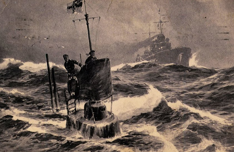Немецкая субмарина в море, рисунок