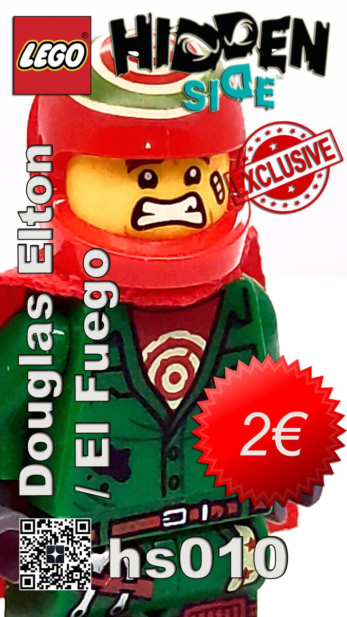 Douglas Elton / El Fuego hs010 Douglas Elton / El Fuego with coveralls veralls with helmet and cape. This version of the minifigure is exclusive to the LEGO El Fuego's Stunt Truck set.
The LEGO Hidden Side Douglas Elton / El Fuego minifig was first introduced in 2019 in the set 70421 El Fuego's Stunt Truck and is currently estimated to be valued around 2 € and an annual growth of about 3.4%.