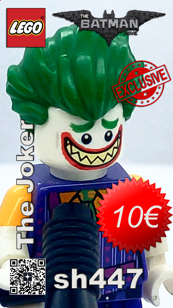 The Joker sh447 The Joker - striped vest, shirtsleeves, smile with pointed teeth grin. This version of the minifigure is exclusive to the LEGO The Joker Manor set.
The LEGO The LEGO Batman Movie The Joker minifig was first introduced in 2017 in the set 70922 The Joker Manor and is currently estimated to be valued around 10 € and an annual growth of about 9.9%.