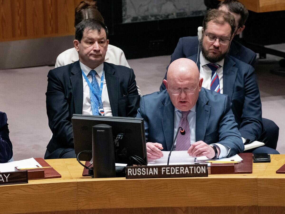    Постоянный представитель России при ООН Василий Небензя выступает во время заседания Совета безопасности по вопросу поставок зерна из Украины© AP Photo / Craig Ruttle