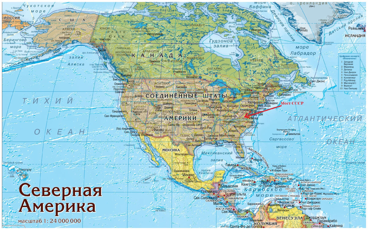 Место нахождение деревни Вулкан и возможного моста на карте Северной Америки. Картинка из открытых источников.