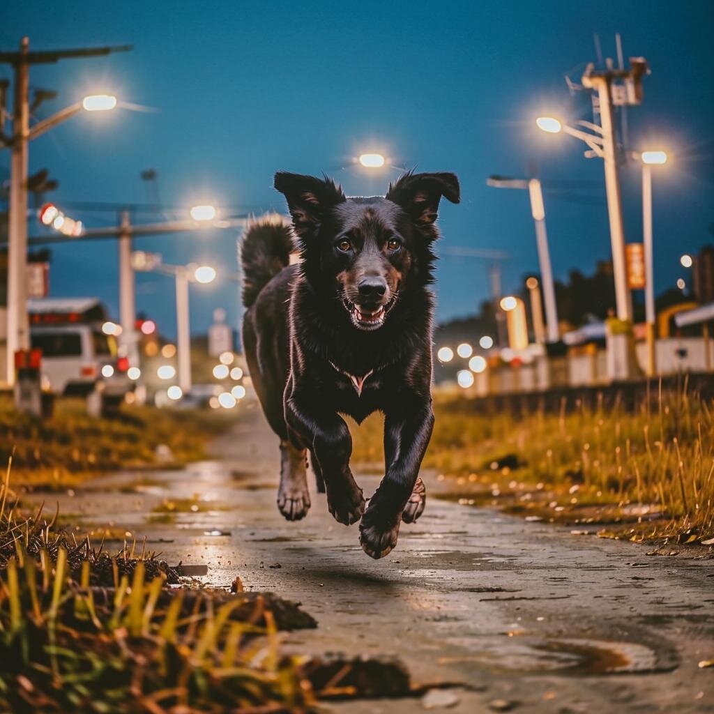 Черный пес на улице города. Нейросеть Kandinsky 3.1 Flash. 