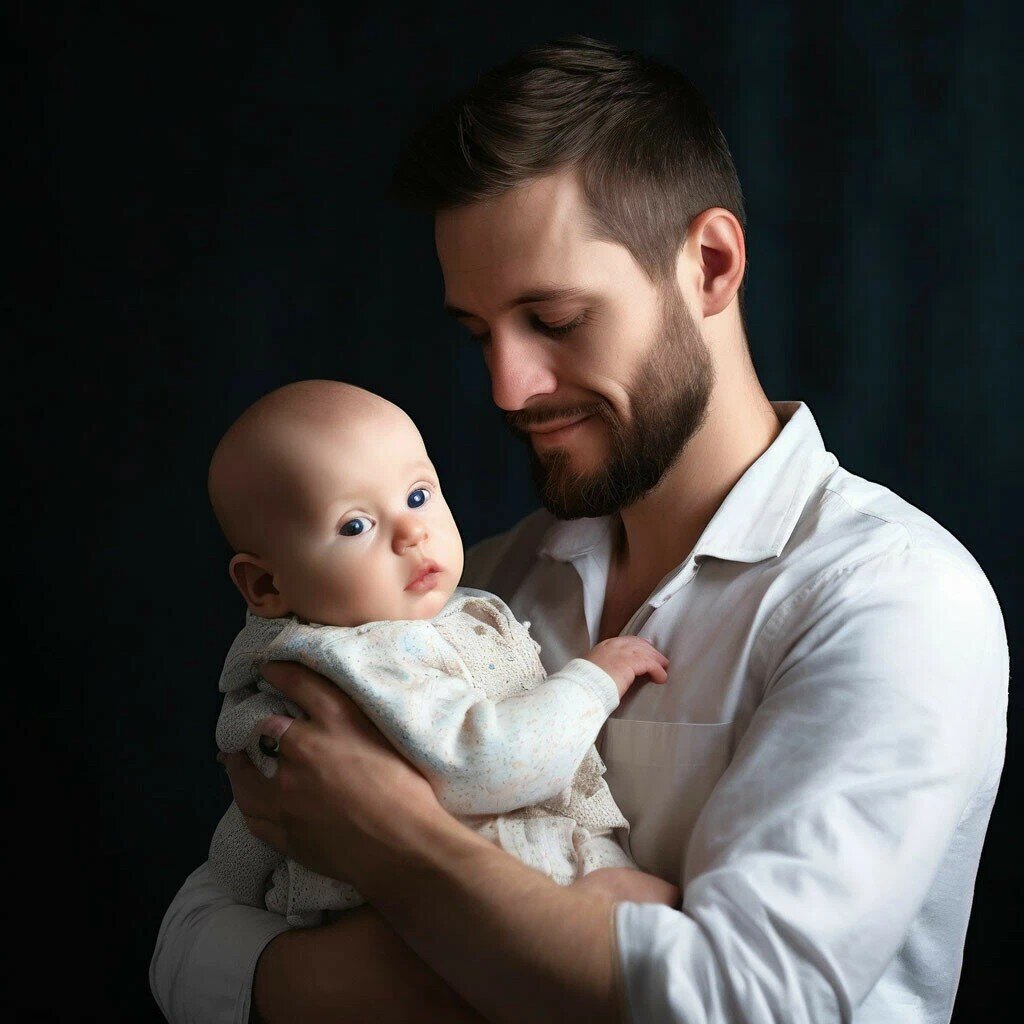 Папа с ребёнком в исполнении нейросети.