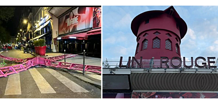 Крылья знаменитой мельницы кабаре Moulin Rouge (Красная мельница) в Париже рухнули на асфальт ночью 25 апреля / Фото: BFM TV 