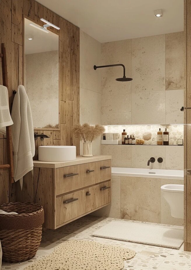 Ванна в природных оттенках с несколькими видами светильников