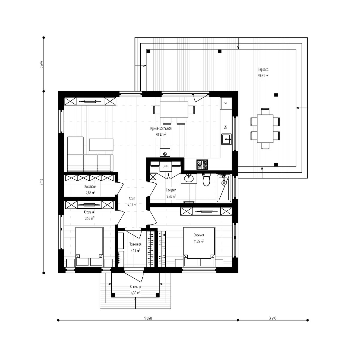 Проект популярного каркасного дома 9х9 с террасой | Proof House | Дзен