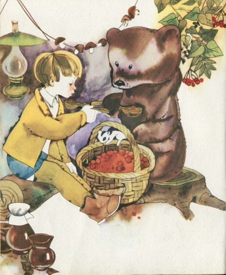 Бориска и Бук в гостях у Машеньки. Иллюстрация Светланы Ким (источник фото: https://coollib.net/b/248889-aleksandr-romanov-pervaya-vechernyaya-zvezda/image)