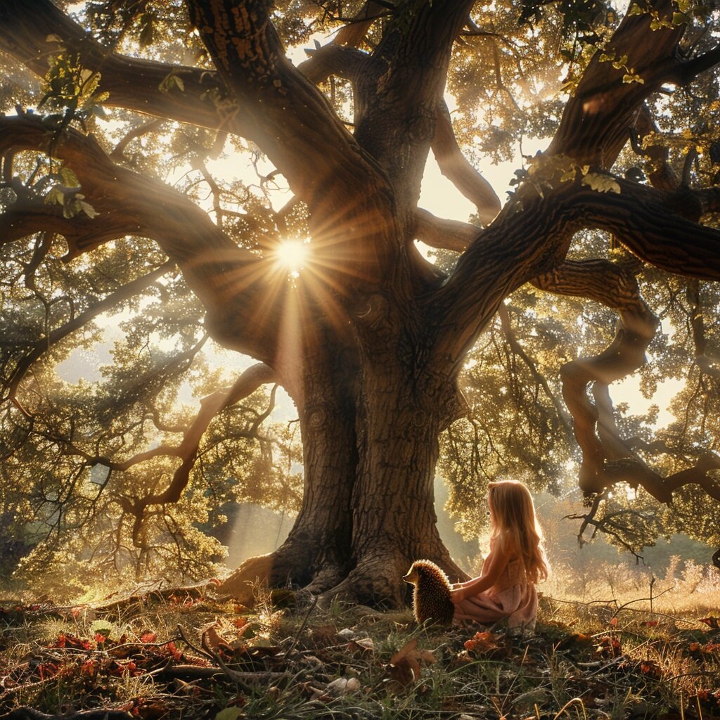 Лена и ежёнок увидели старый дуб