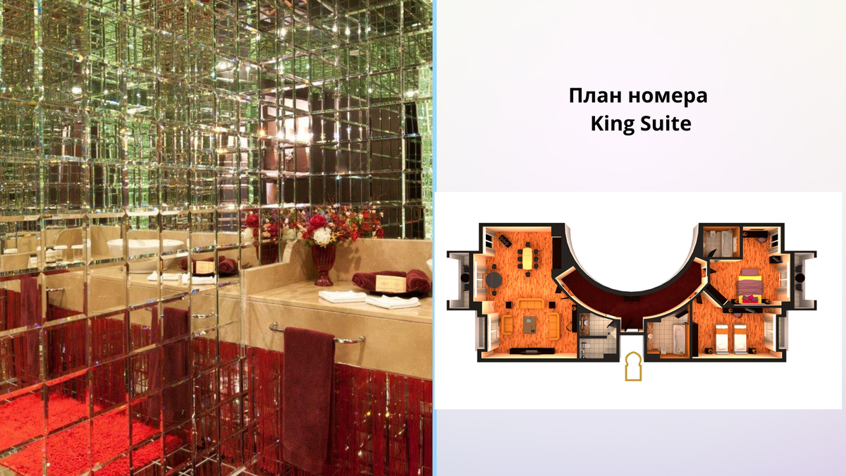 Отдельная "зеркальная" ванная и план номера, на котором видно, что большую компанию сюда не поселить. 