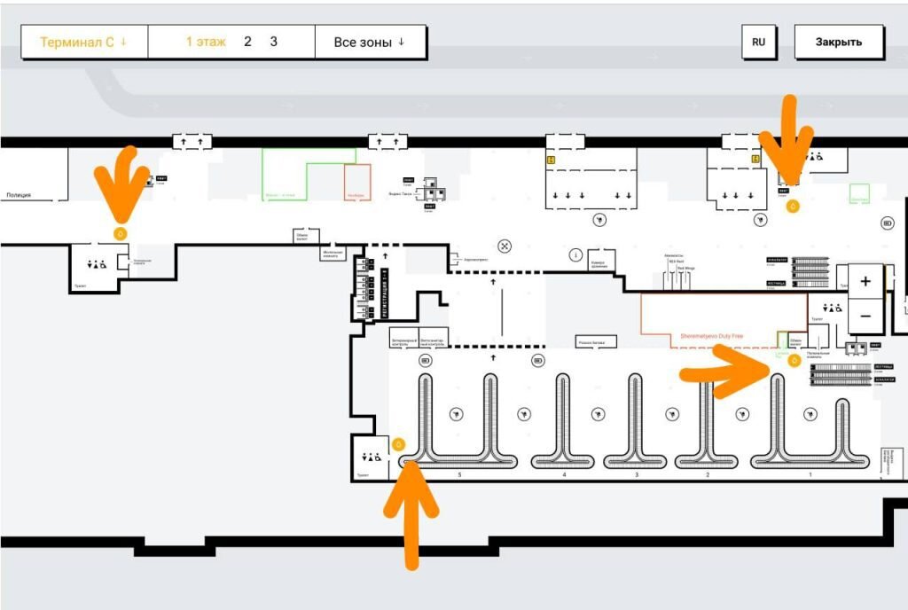 Питьевые фонтанчики на карте в терминале С, 1 этаж