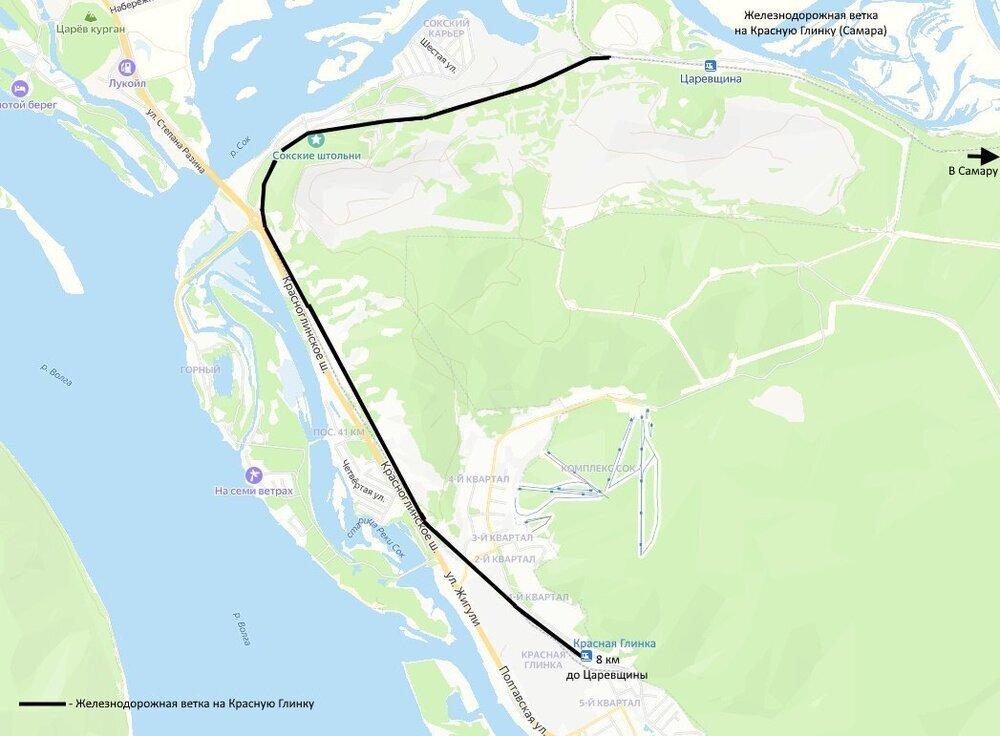 Железнодорожная ветка на Красную Глинку на карте.