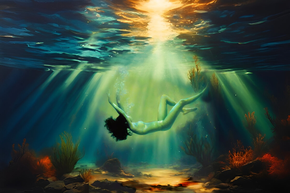 Подводный свет. Иллюстрация создана с помощью нейросетей Kandinsky3.0 и DreamAI и программы Photoshop.