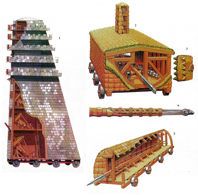 "Танки" древности — осадная башня и таранная черепаха.