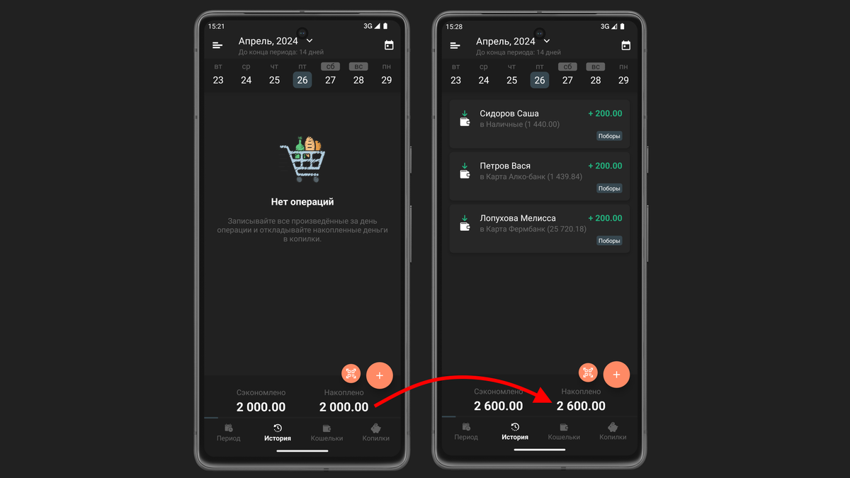 Увеличение "Накоплено" по мере сбора денег