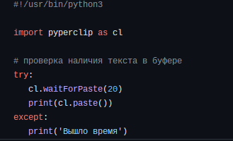 Ожидание (20 секунд) наполнения буфера обмена. Текст программы см. по ссылке ниже