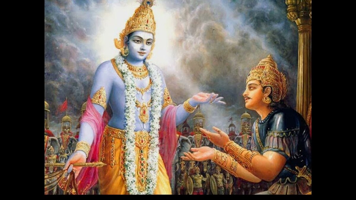 Арджуна и Кp̣шна перед битвой на Курукшетре: военачальник, кшатрий, Арджуна продолжает поверять Кp̣шне свои сомнения.