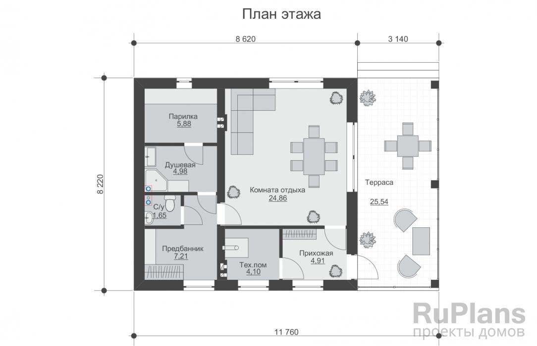 Общая площадь  53,6 кв.м Жилая площадь  24,9 кв.м
Размеры дома  8,2 x 11,8 м
Высота здания  6,3 м
Количество комнат  1
Отделка  штукатурка
Материал стен  пеноблок / газобетон
Фундамент  свайный
Перекрытия  монолитные, деревянные балки
