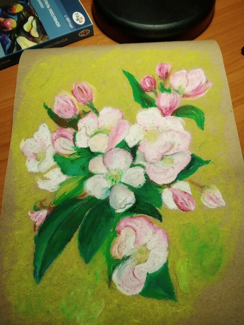 Цветущая ветка яблони: масляная пастель от ГАММА, крафтовая бумага